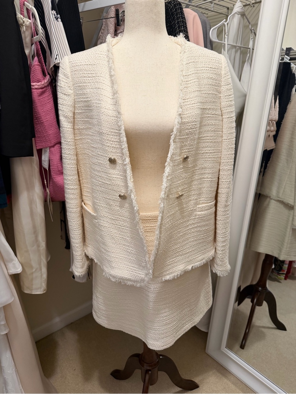 Mango MNG Cream Bouclé Jacket & Skirt Matching Set – Size Large